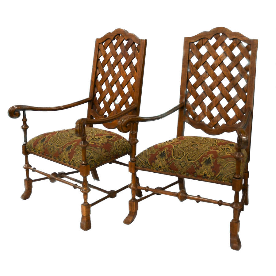 Pair Walnut Fireside High Back- Long Arm Chairs-2