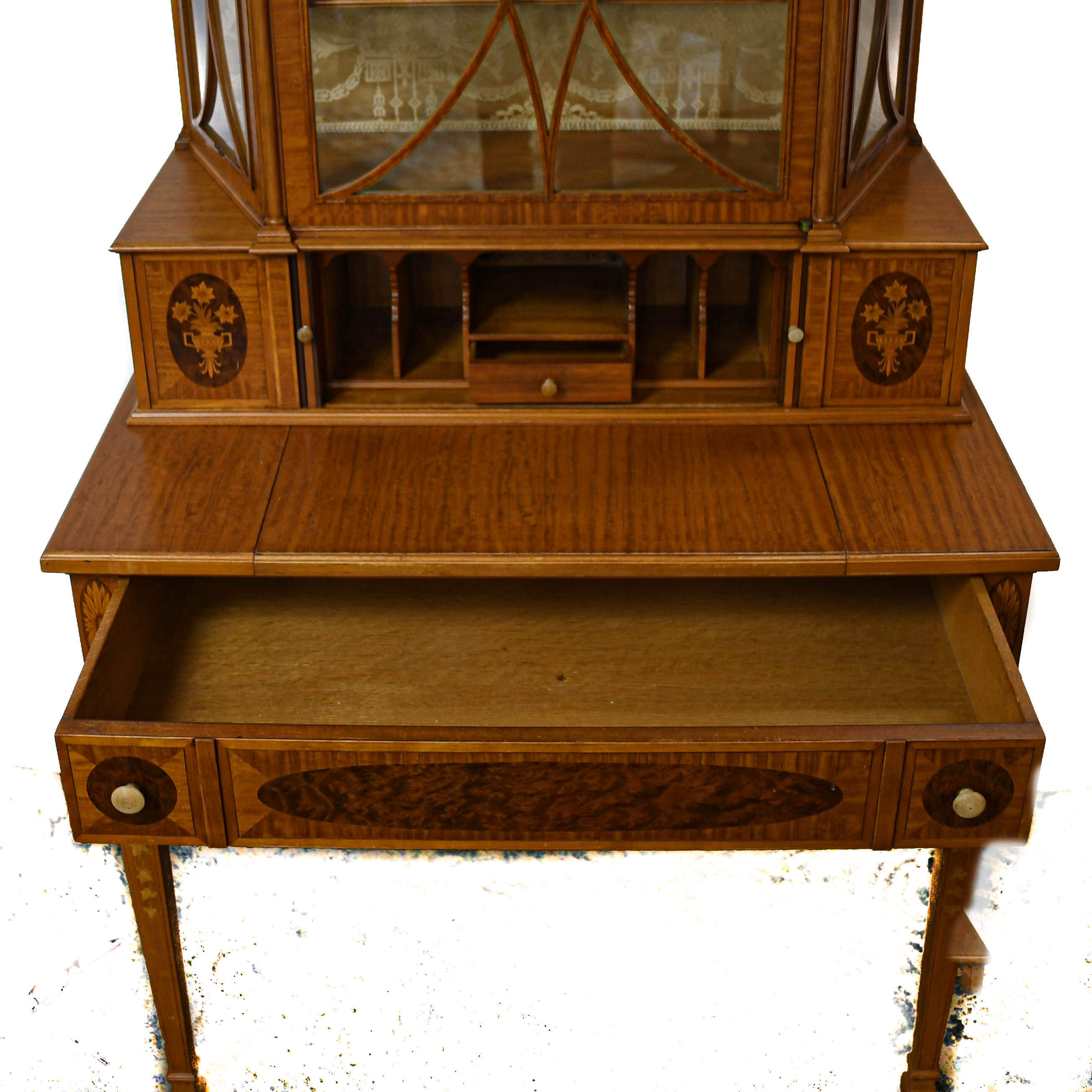 Sheraton Satinwood Inlaid Display Cabinet Desk-4