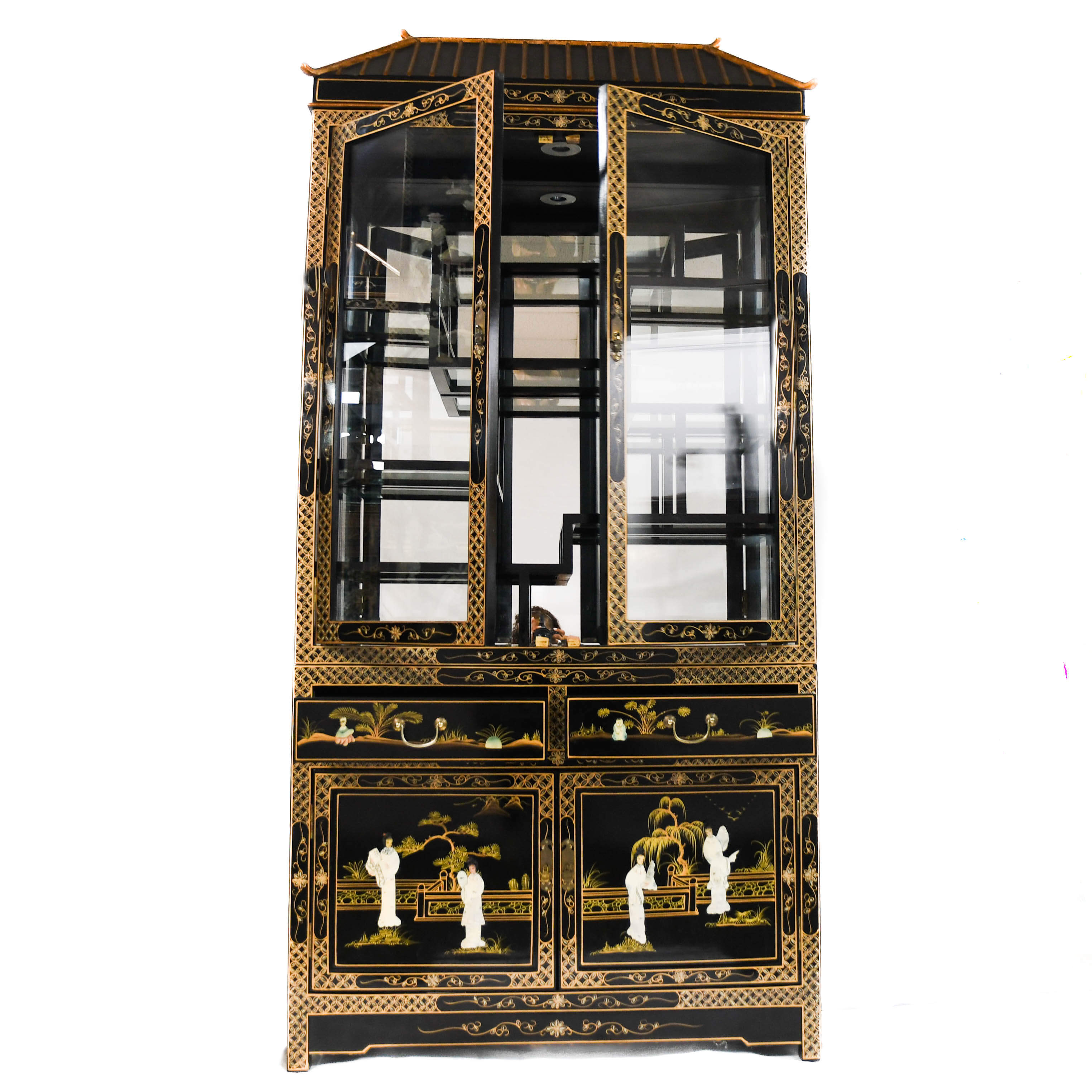 Chinese Black Lacquer, Mother of Pearl, and Glass China Cabinet-5