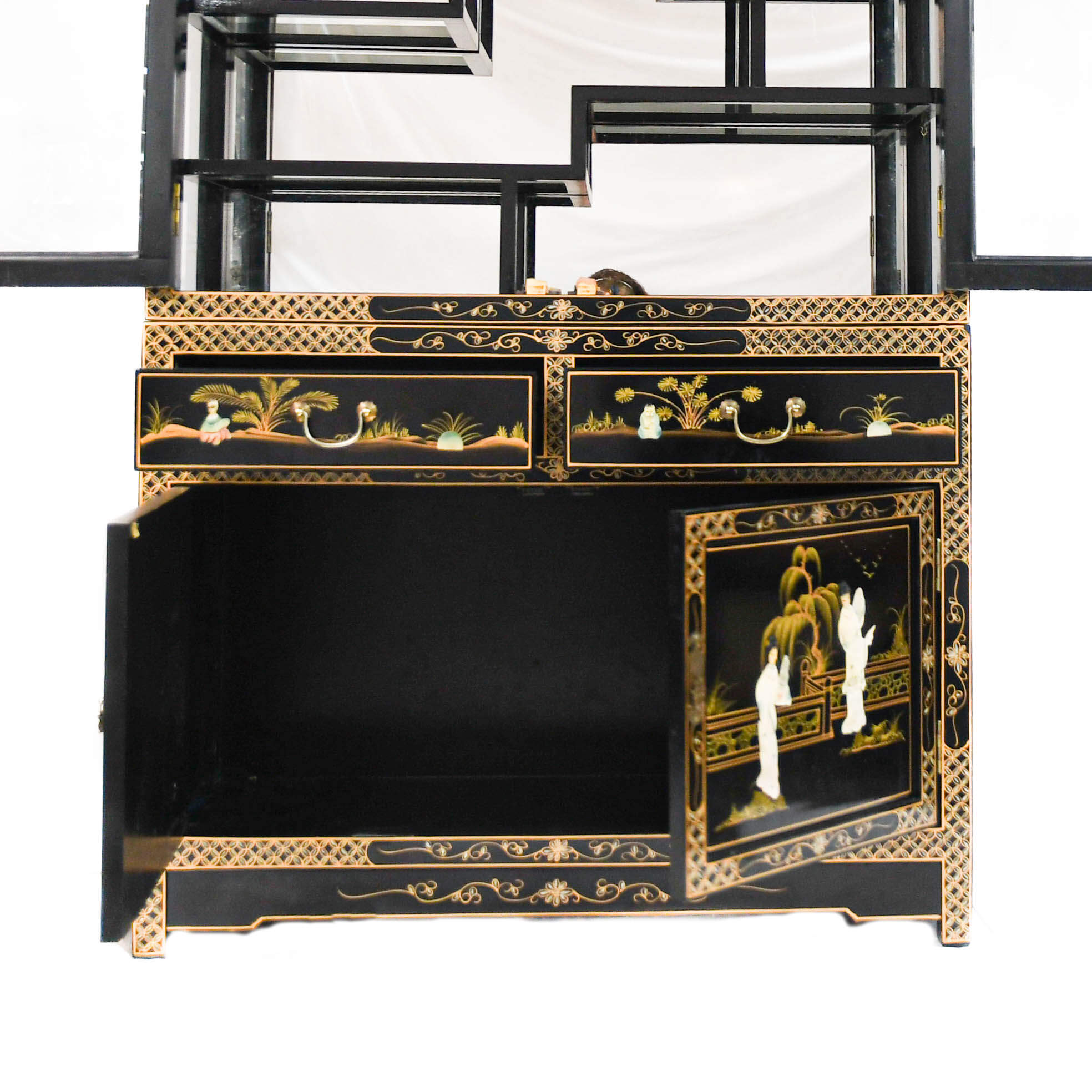 Chinese Black Lacquer, Mother of Pearl, and Glass China Cabinet-4