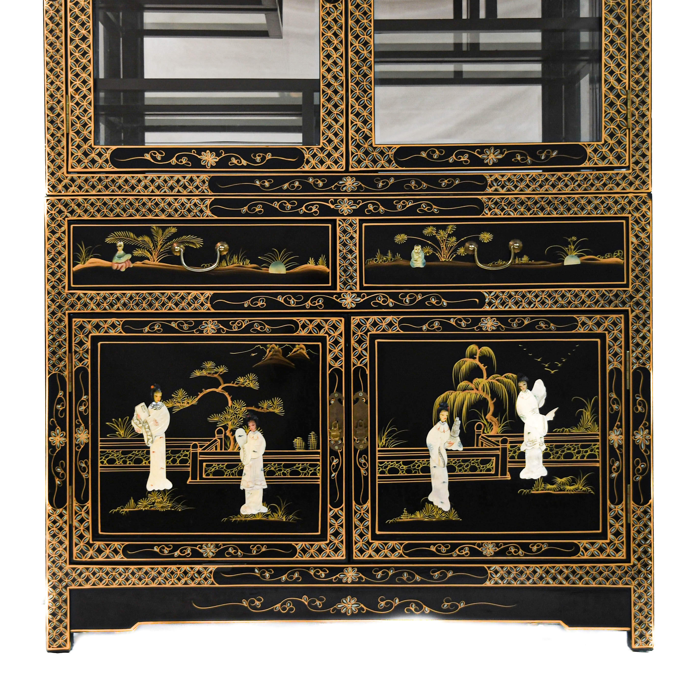 Chinese Black Lacquer, Mother of Pearl, and Glass China Cabinet-3