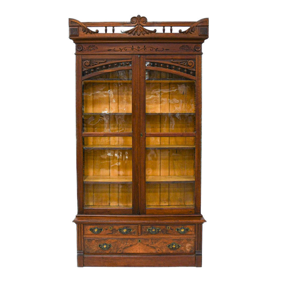 Antique Victorian Walnut Glass Front Bookcase-1