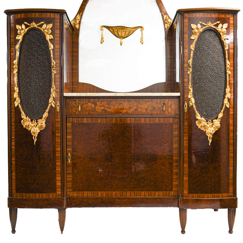 French Gilded Bronze Marquetry Marble Top Vitrine Cabinet-2