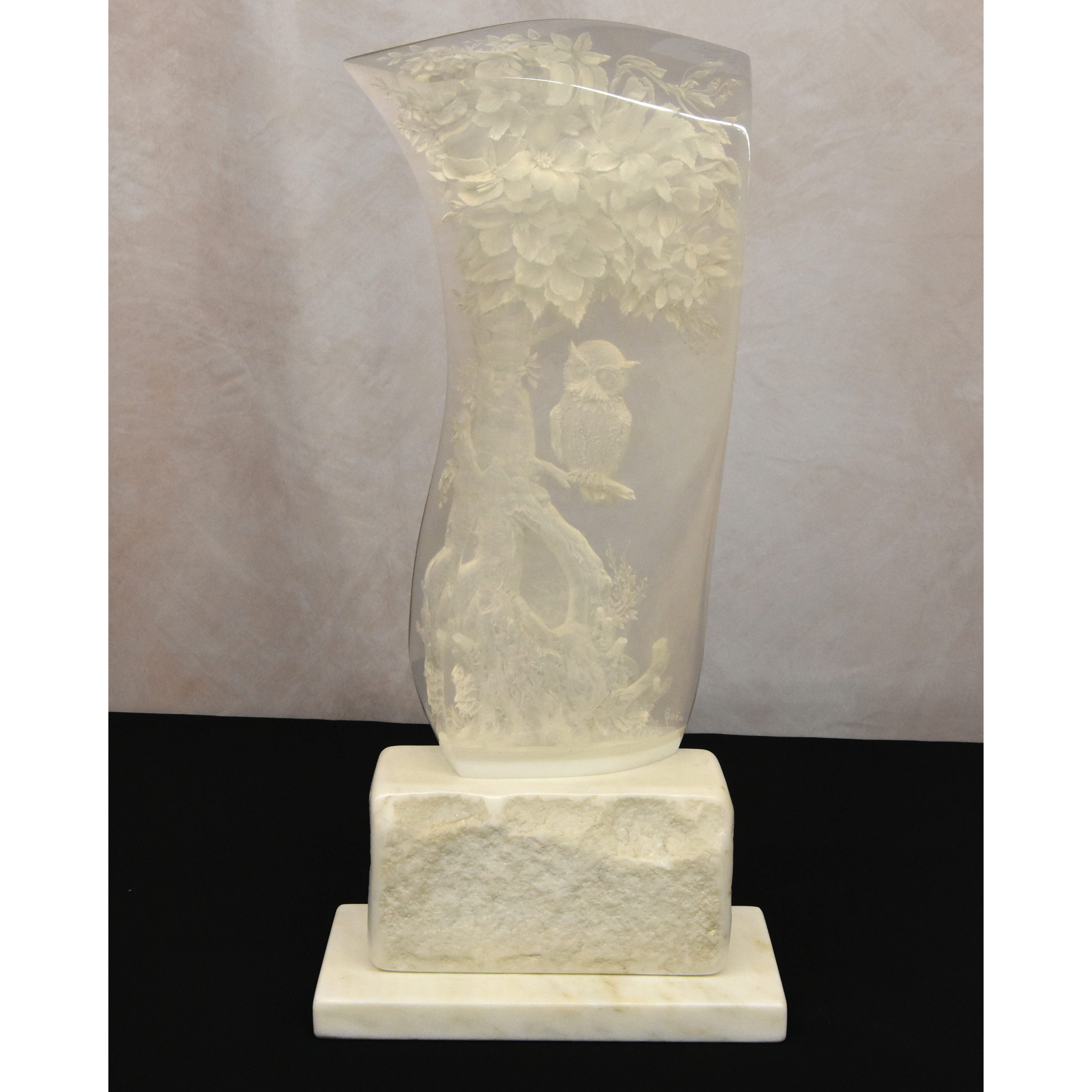 Signed Born Lucite Owl Sculpture on Marble Base-1