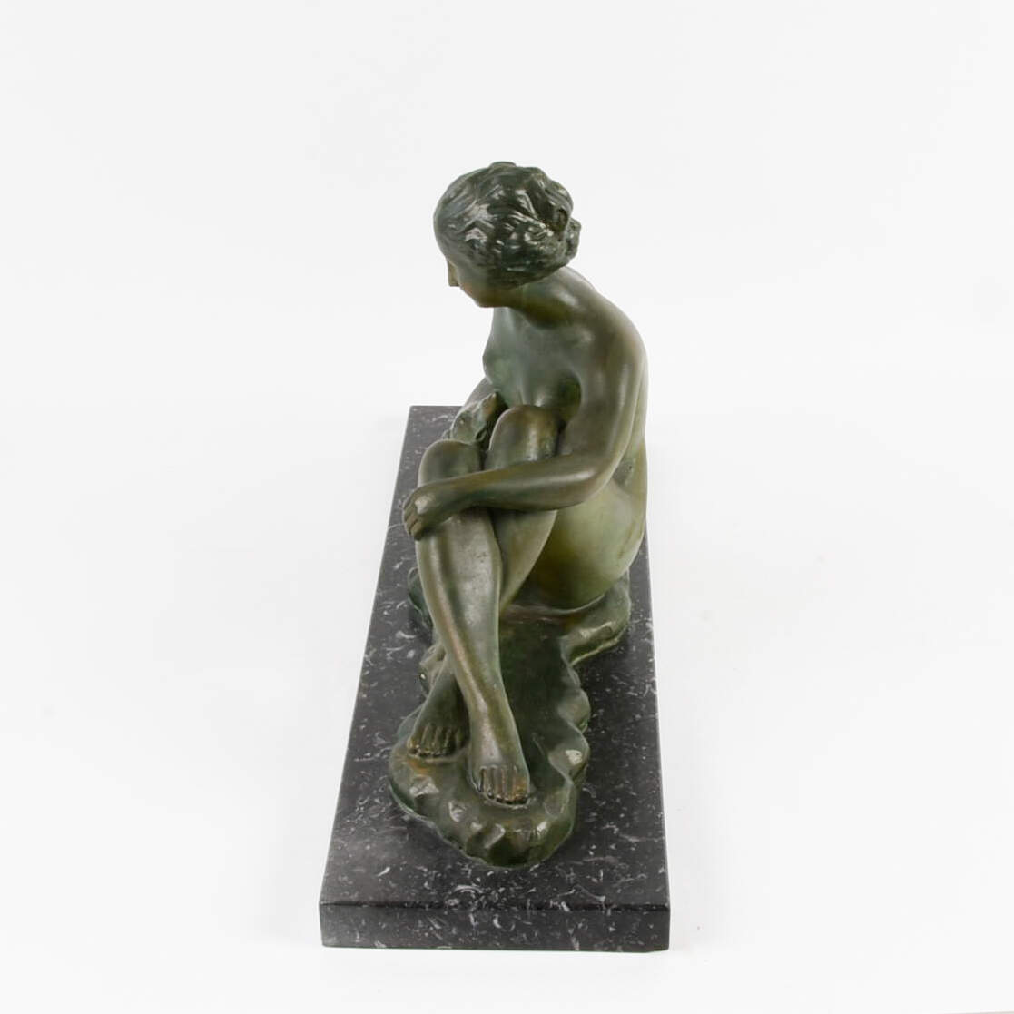 Antique Art Nouveau Chalkware Seated Woman with Dog on Marble Base-4
