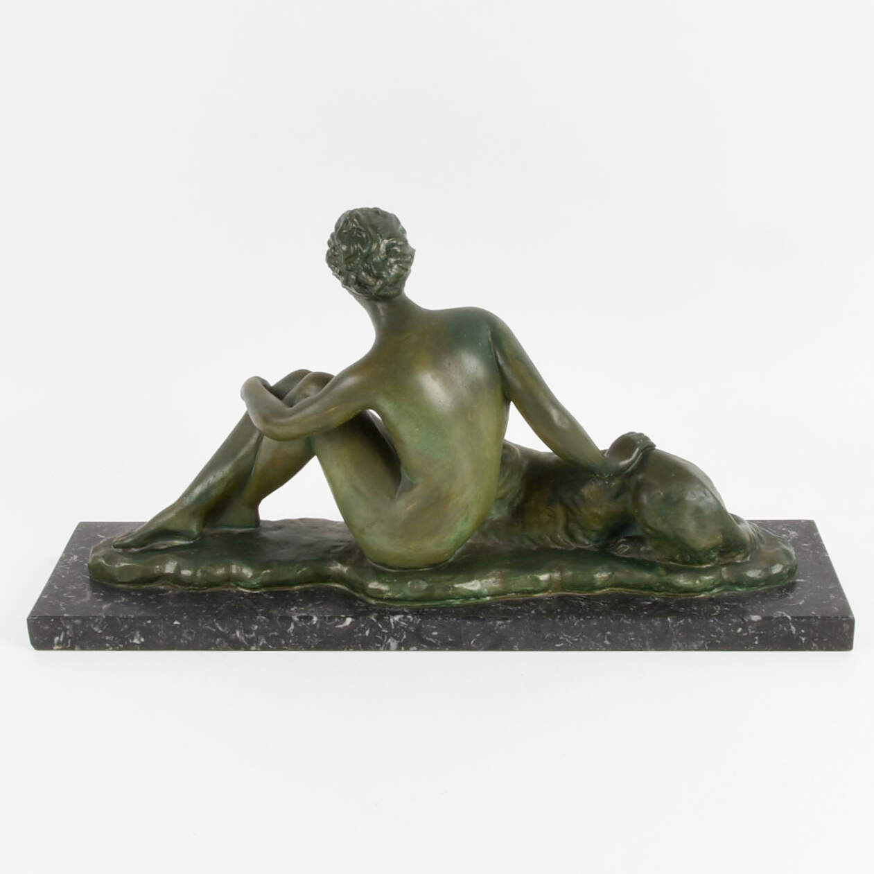 Antique Art Nouveau Chalkware Seated Woman with Dog on Marble Base-3