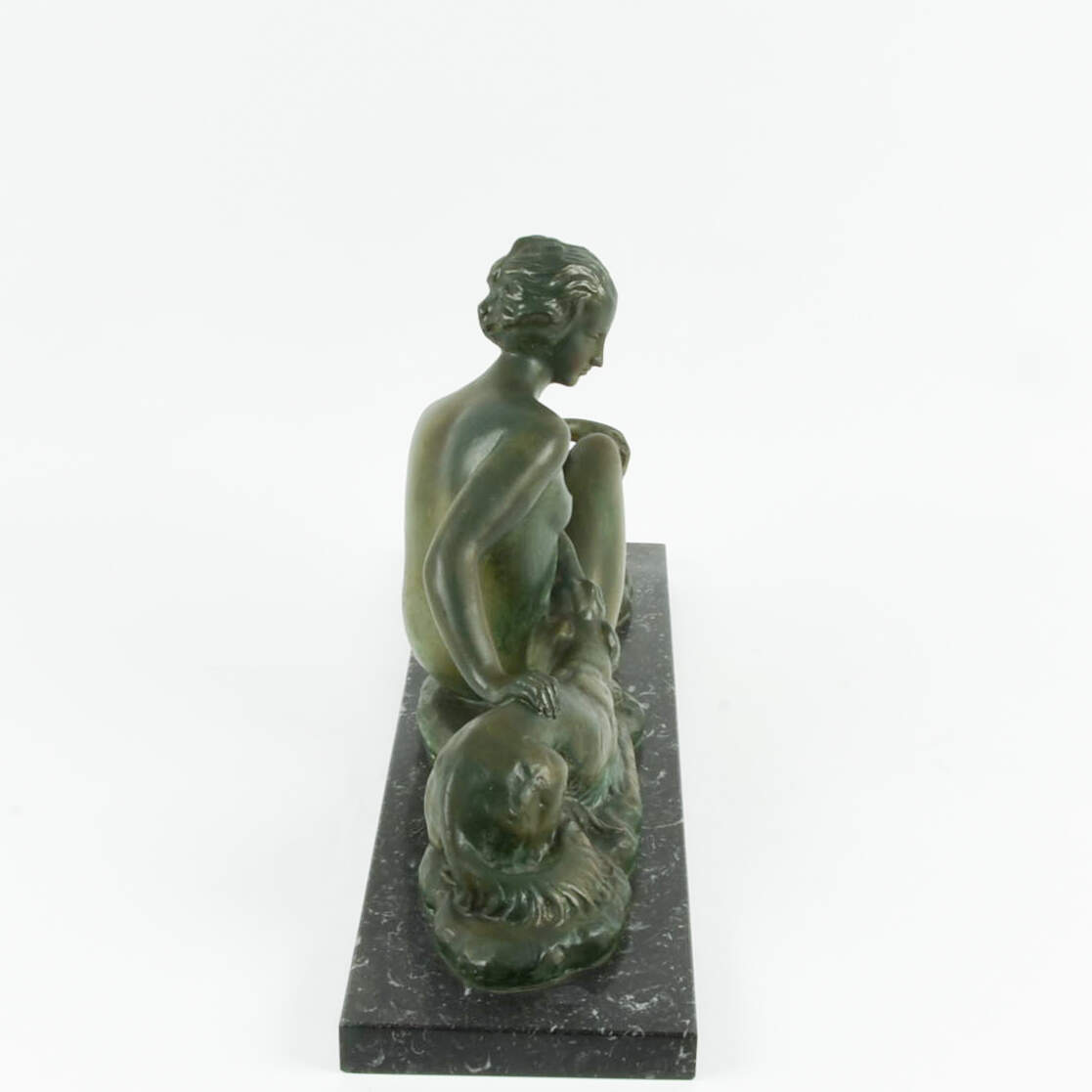 Antique Art Nouveau Chalkware Seated Woman with Dog on Marble Base-2