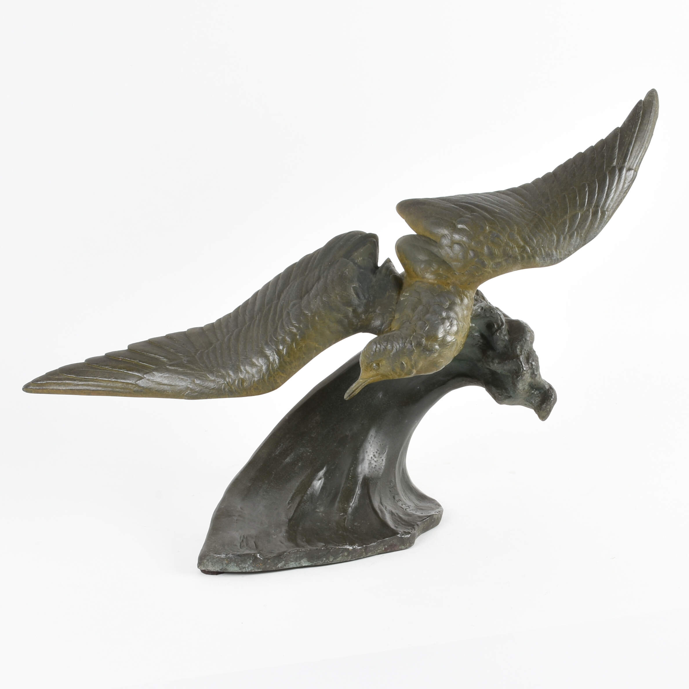 Antique Signed Henri Lechesne Seagull Sculpture on Black Base-2