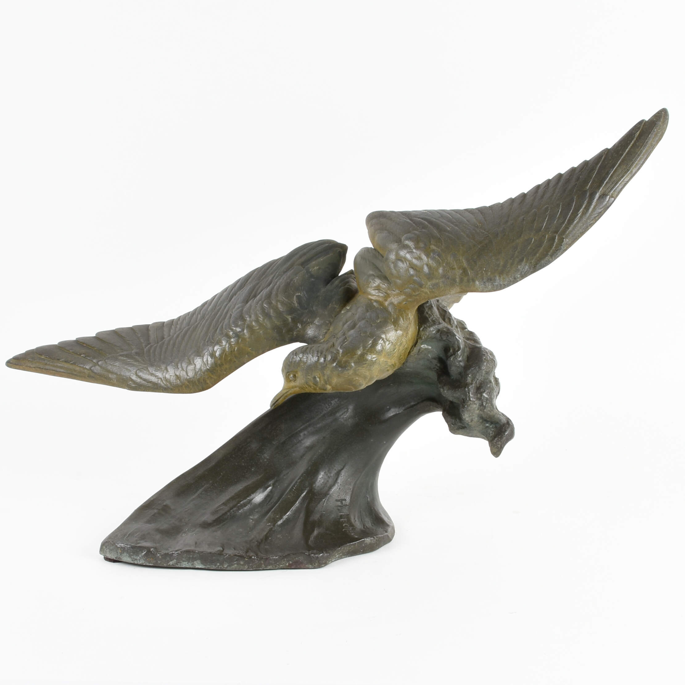 Antique Signed Henri Lechesne Seagull Sculpture on Black Base-1