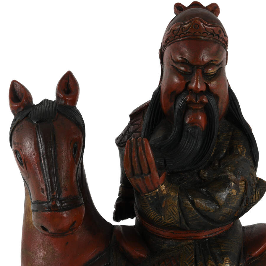 Carved Wood Guan Gong on Horse Sculpture-8