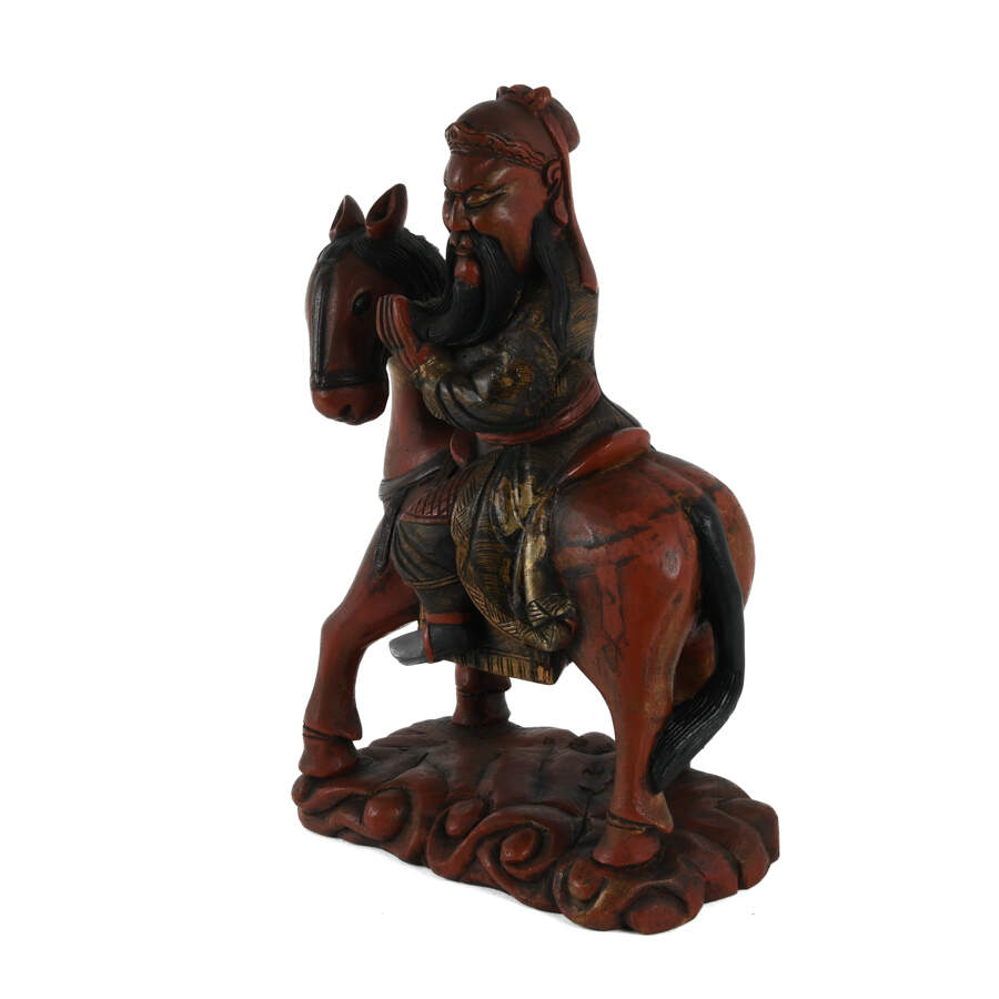 Carved Wood Guan Gong on Horse Sculpture-2