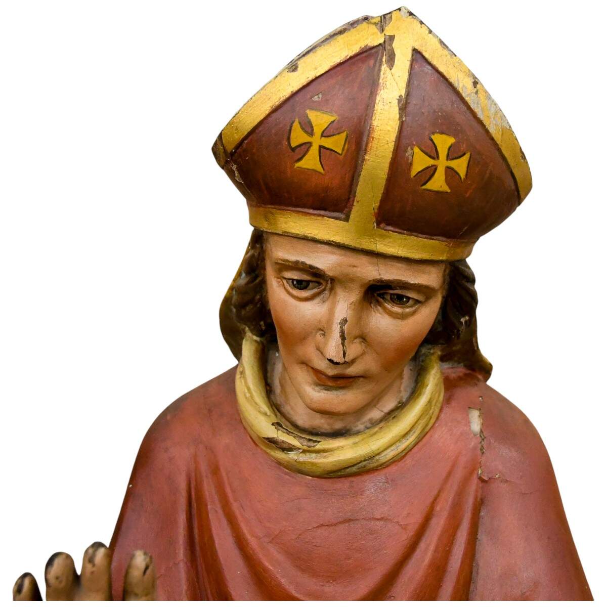 Carved Wooden Polychrome Bishop in Red Robes-6