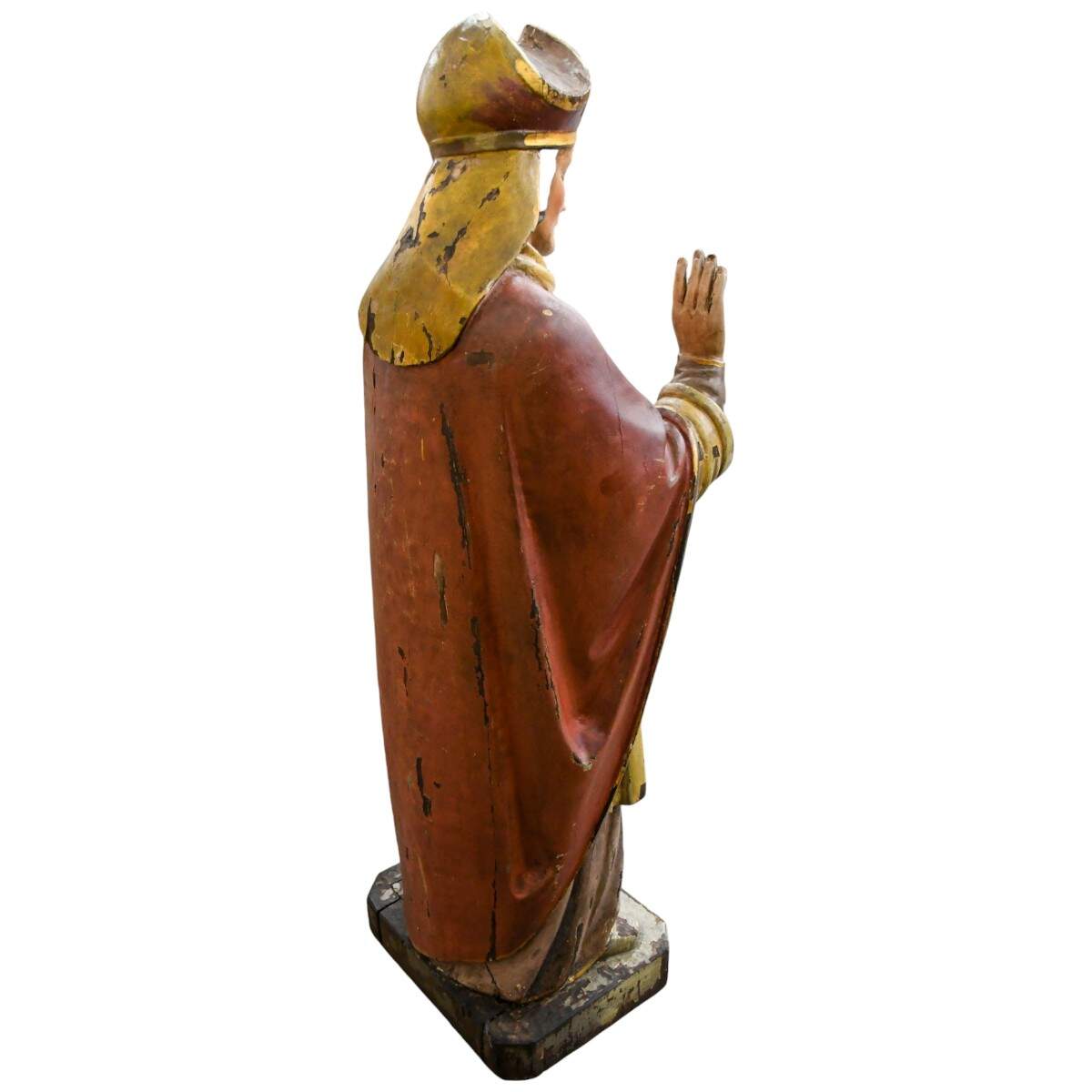Carved Wooden Polychrome Bishop in Red Robes-4