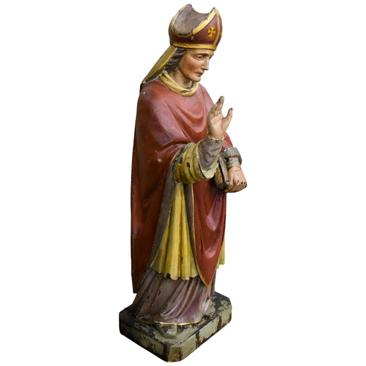 Carved Wooden Polychrome Bishop in Red Robes-3