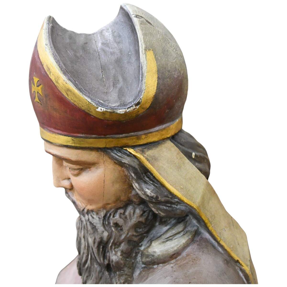Carved Wooden Polychrome Bearded Bishop in Grey Robes-10