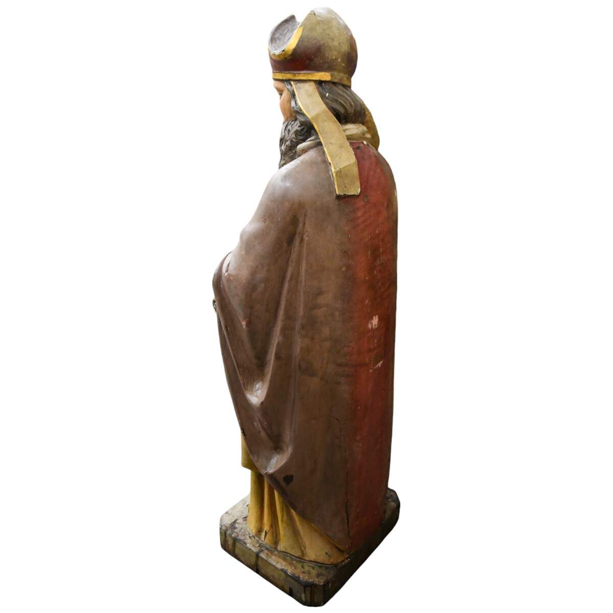 Carved Wooden Polychrome Bearded Bishop in Grey Robes-4