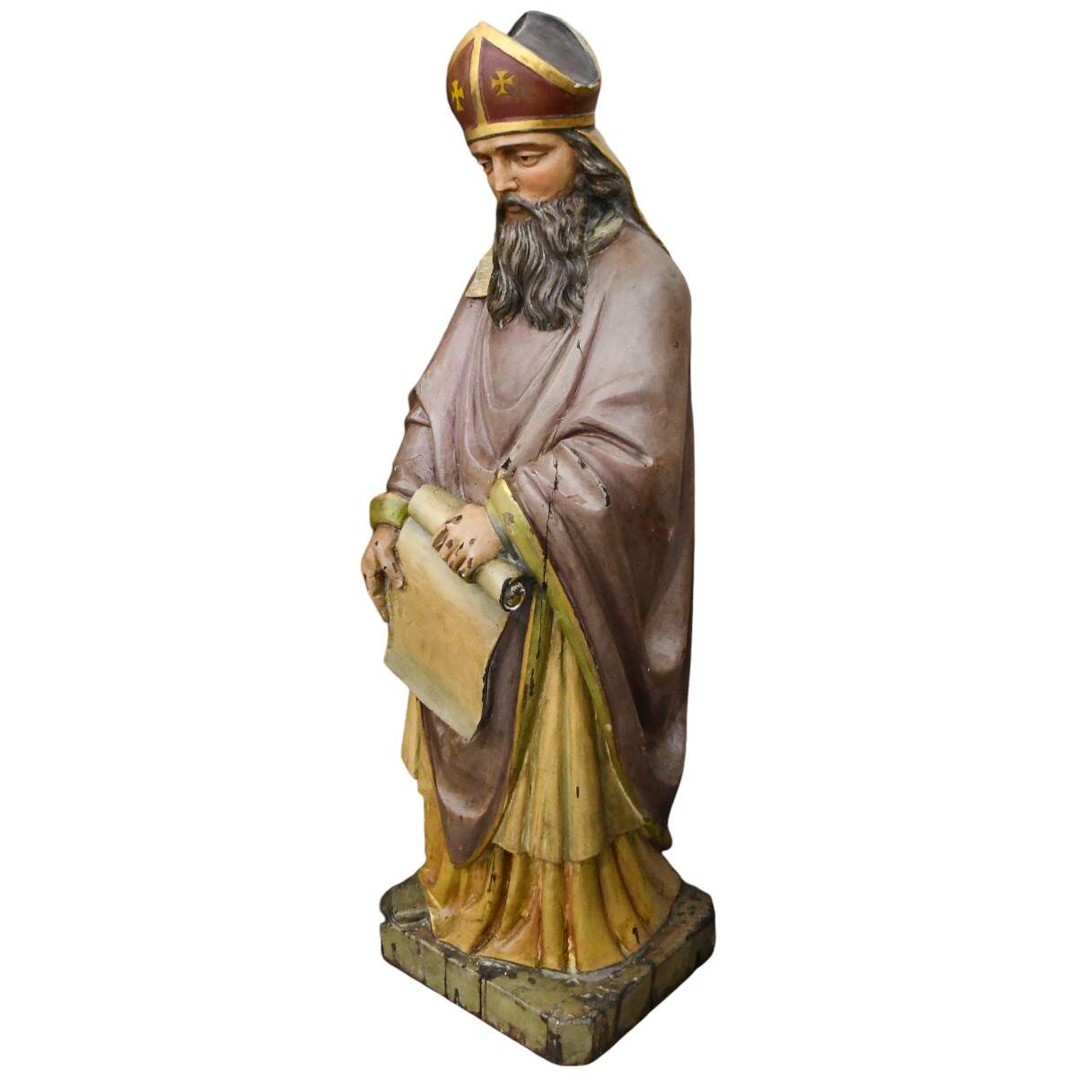 Carved Wooden Polychrome Bearded Bishop in Grey Robes-3