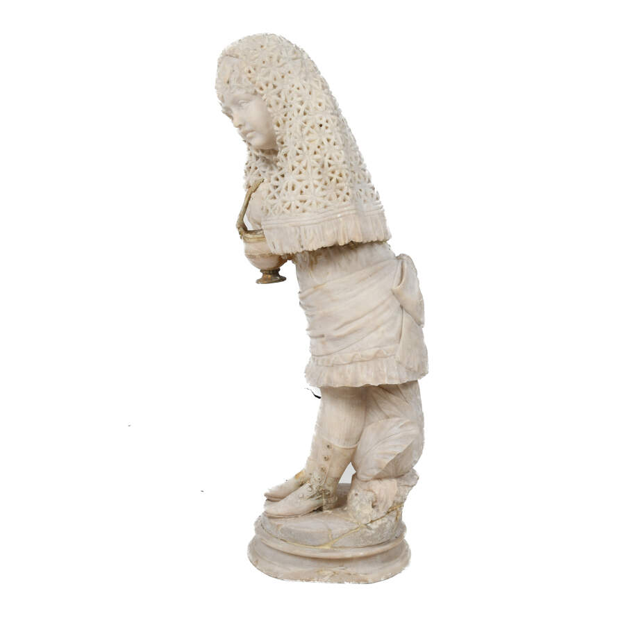 Signed Italian Carrara Marble Girl in Lacework Shawl Carrying a Basket-6