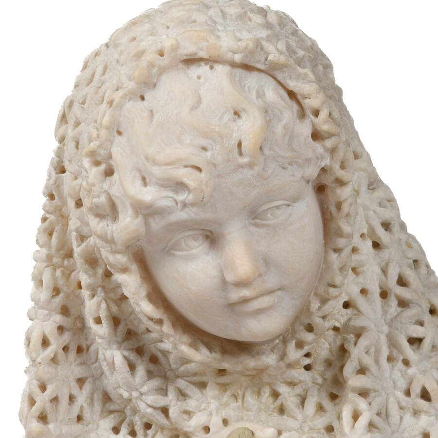 Signed Italian Carrara Marble Girl in Lacework Shawl Carrying a Basket-3