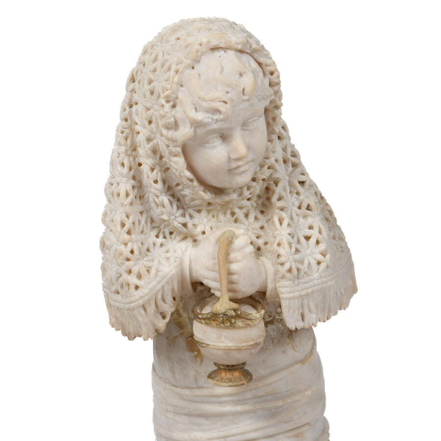 Signed Italian Carrara Marble Girl in Lacework Shawl Carrying a Basket-2