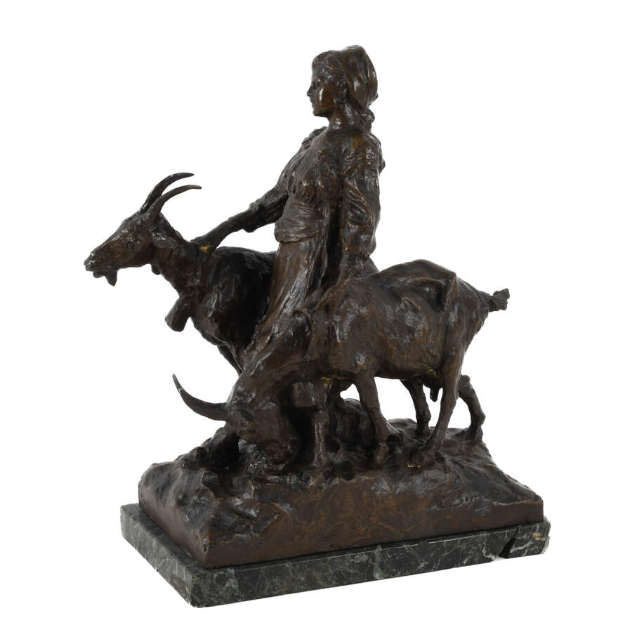 Cesare Biscarra (1866-1973) Bronze European Woman and Goat Statue-4