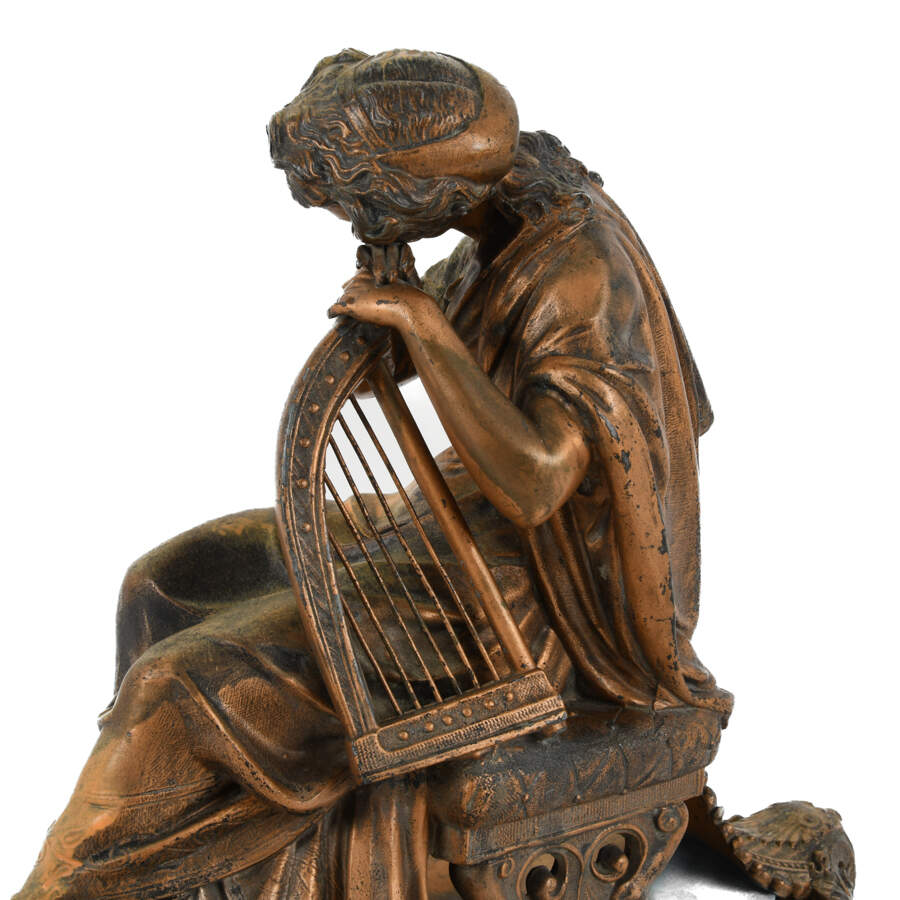 Antique Cast Metal Seated Woman and Harp Mantel Sculpture-6