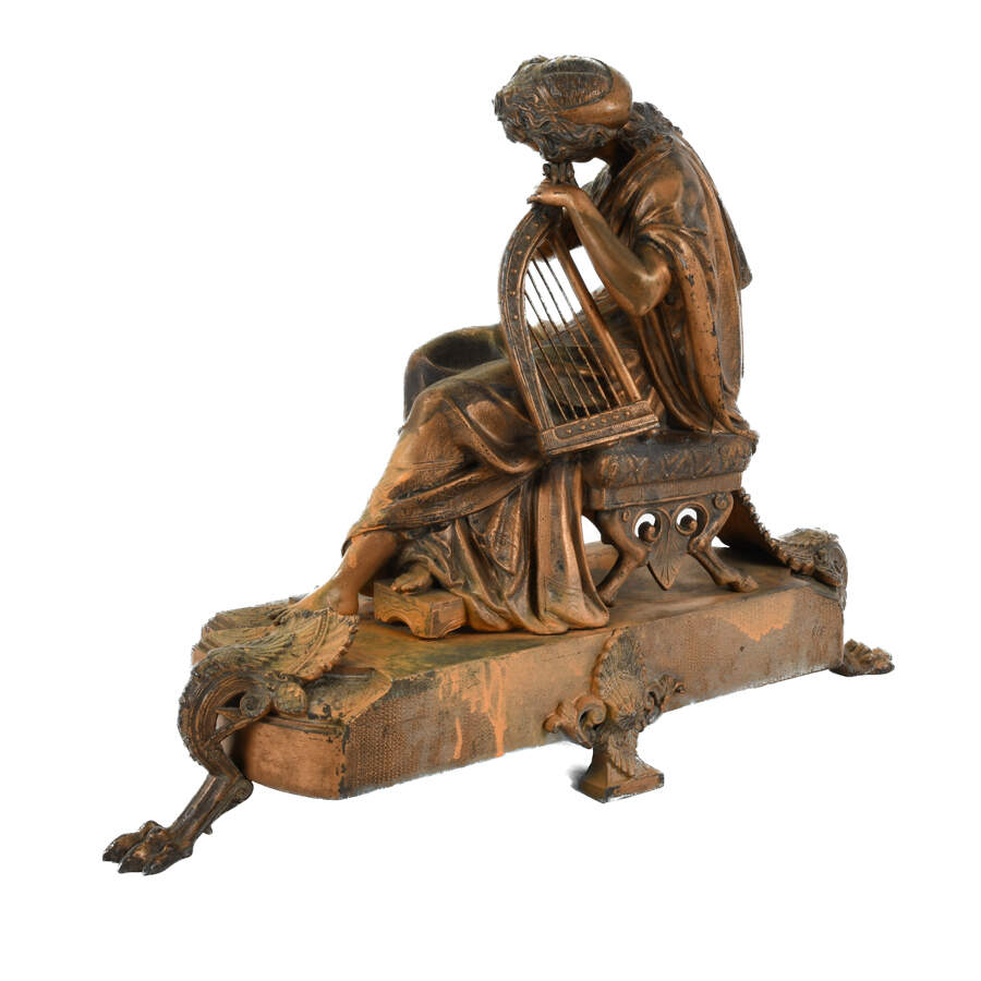 Antique Cast Metal Seated Woman and Harp Mantel Sculpture-5