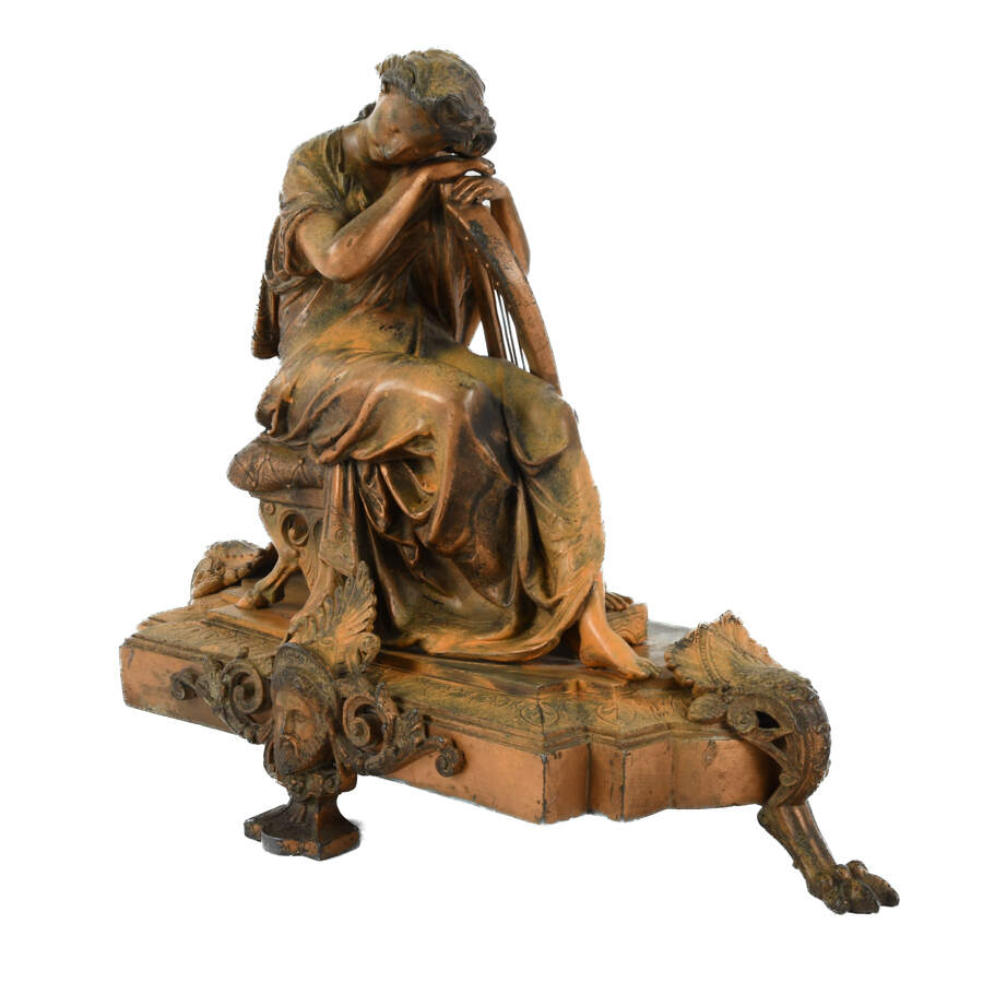 Antique Cast Metal Seated Woman and Harp Mantel Sculpture-4
