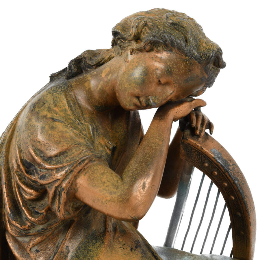 Antique Cast Metal Seated Woman and Harp Mantel Sculpture-2