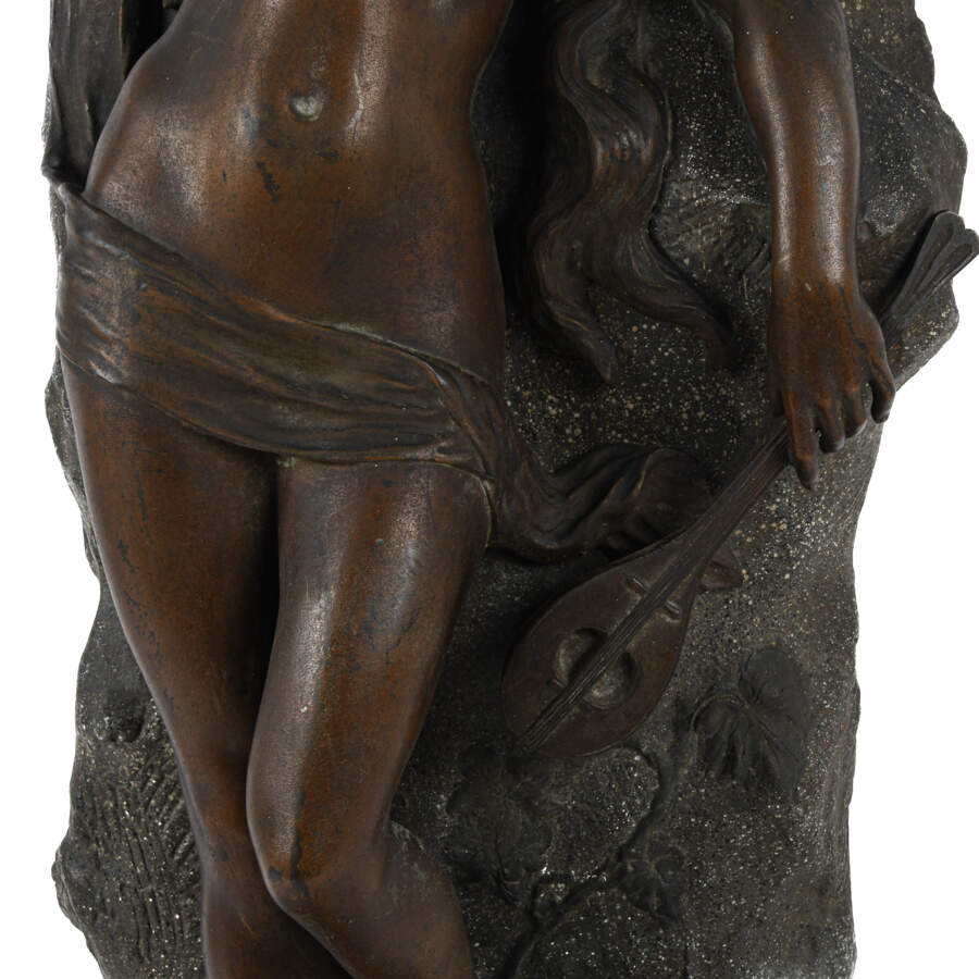 Cast Spelter "La Cigale" Nude Statue on Rough Marble Base-3