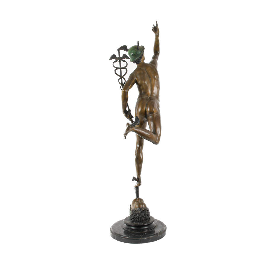Bronze Flying Mercury Statue on Black Marble Base After Giovanni Bologna-7
