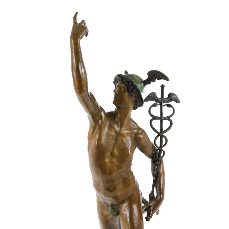 Bronze Flying Mercury Statue on Black Marble Base After Giovanni Bologna-4