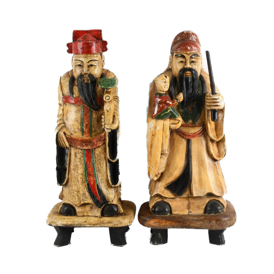 Pair of Large Carved Wood Chinese Fu and Lu Immortal Statues-1
