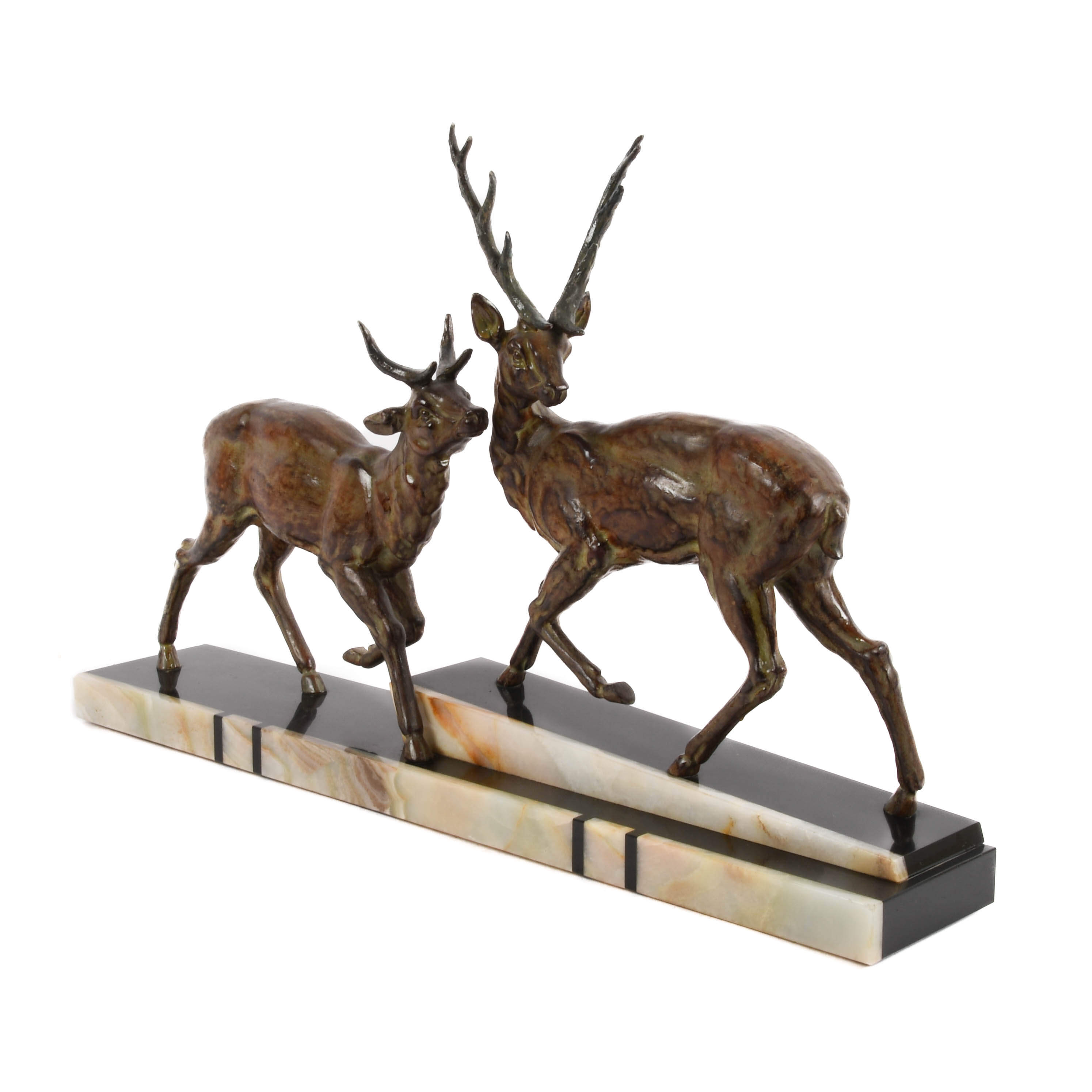 Signed Giiot Art Deco Bronze Leaping Stags on Marble Base-3