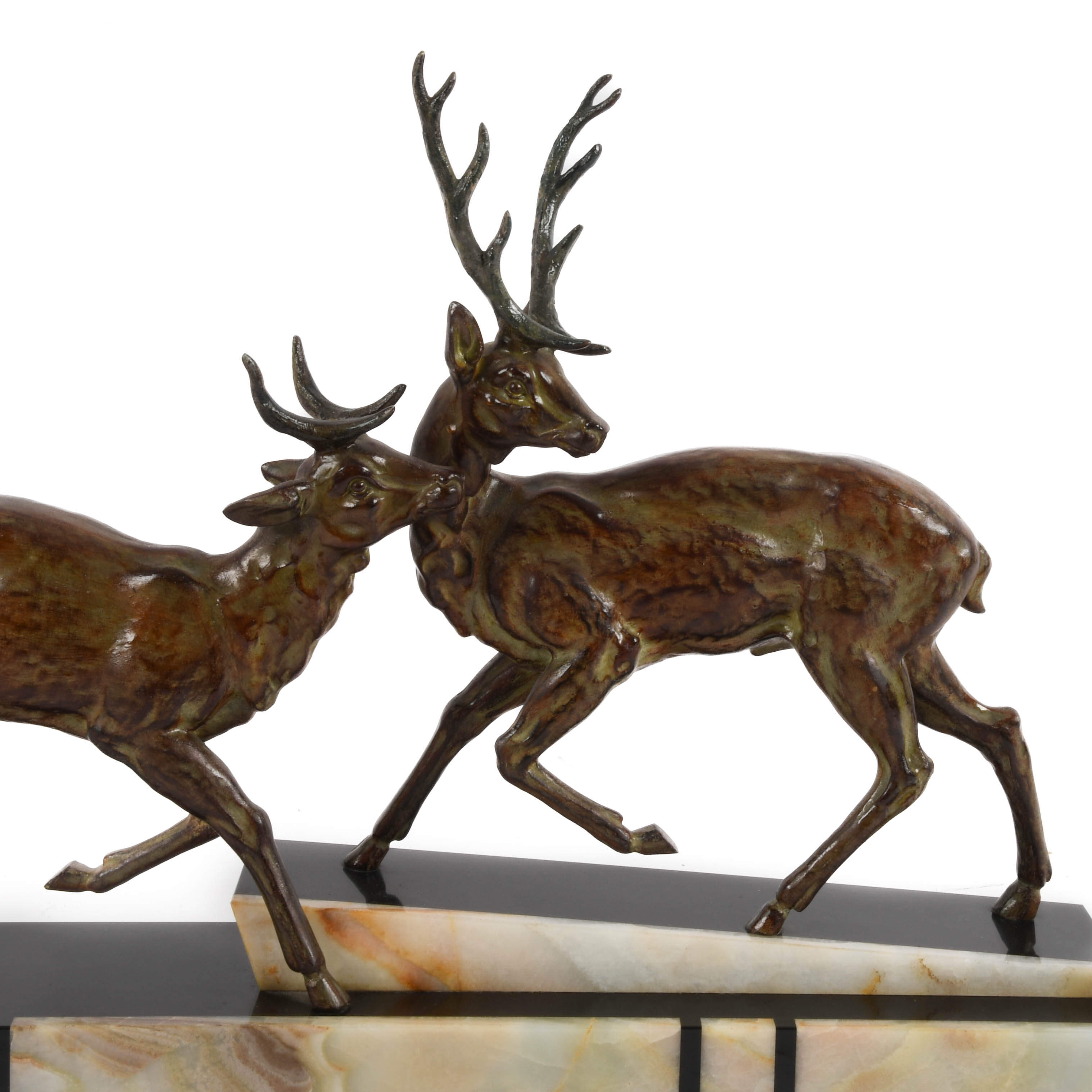 Signed Giiot Art Deco Bronze Leaping Stags on Marble Base-2