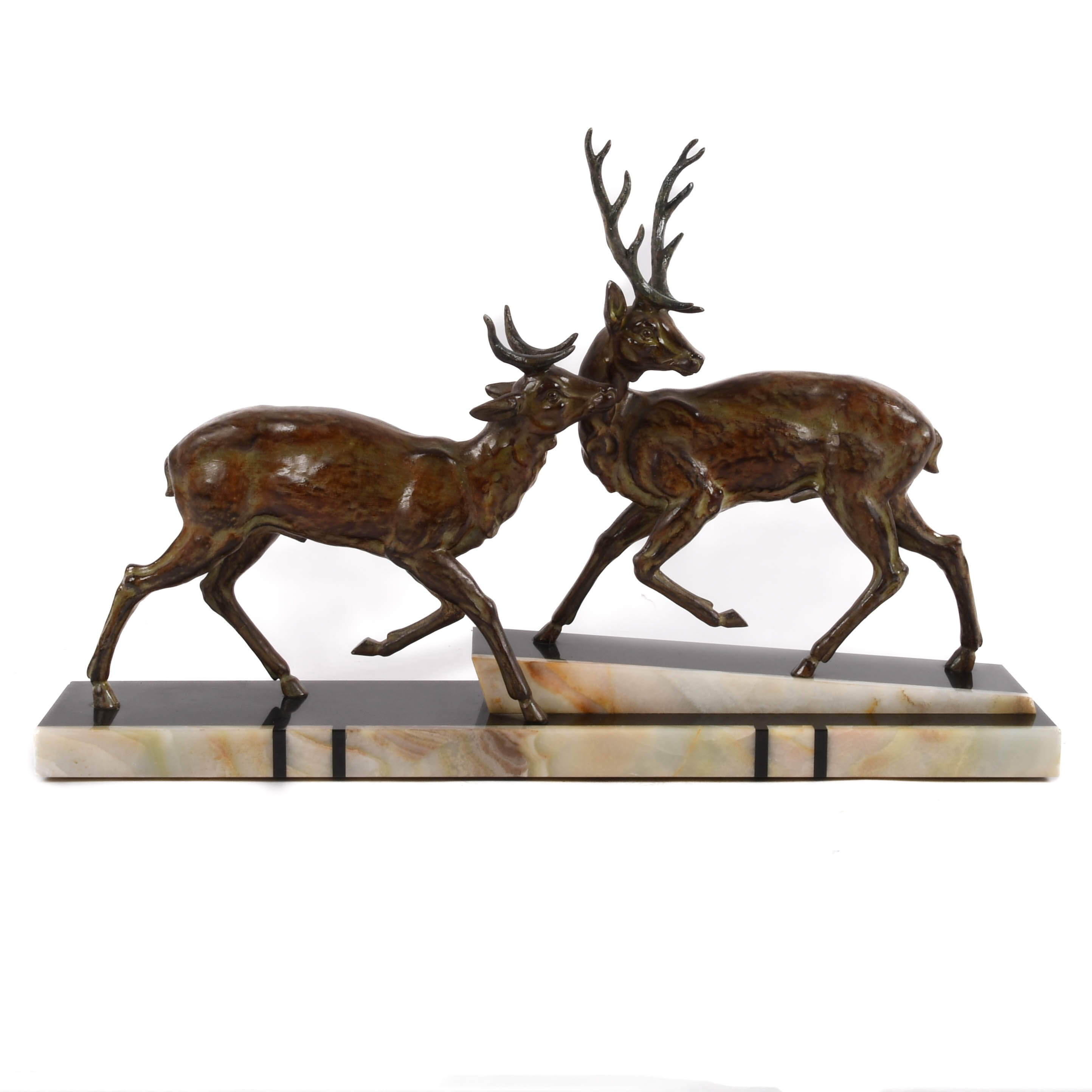 Signed Giiot Art Deco Bronze Leaping Stags on Marble Base-1