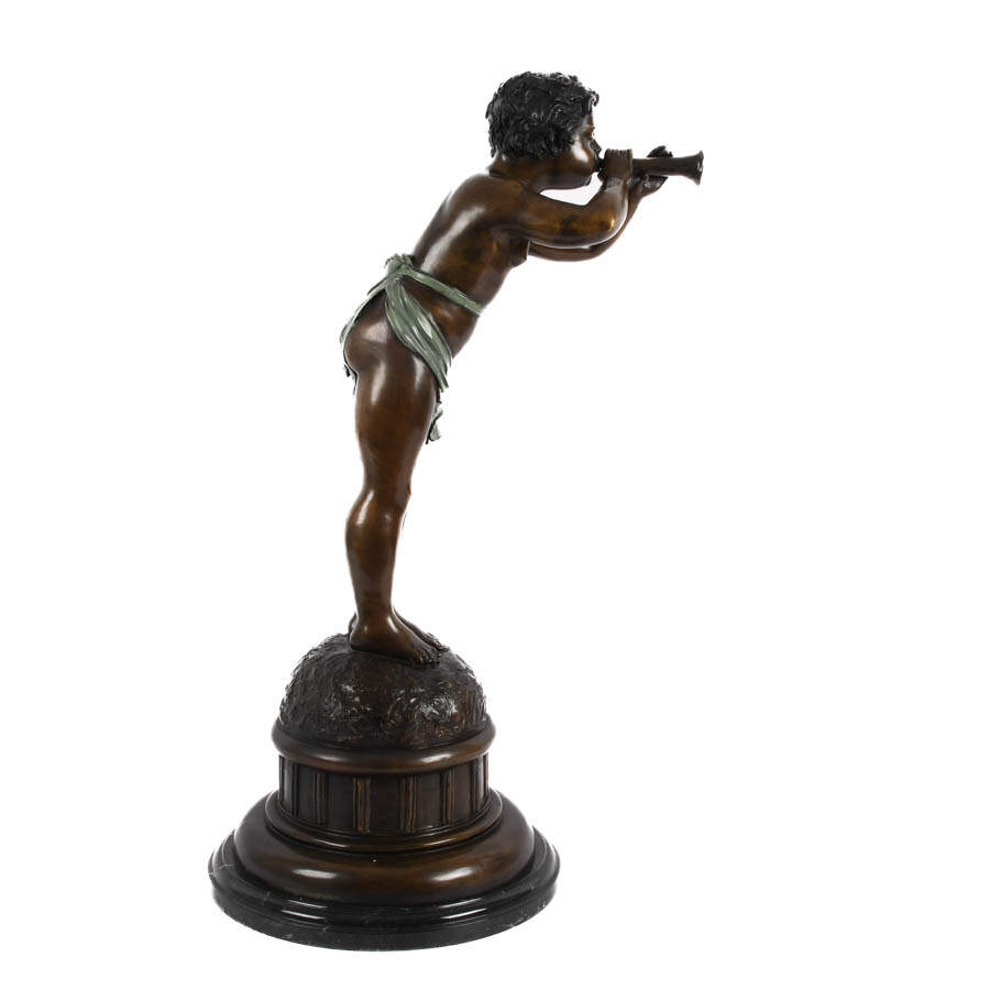 Bronze Boy Figure on Marble Base Blowing a Bugle-7