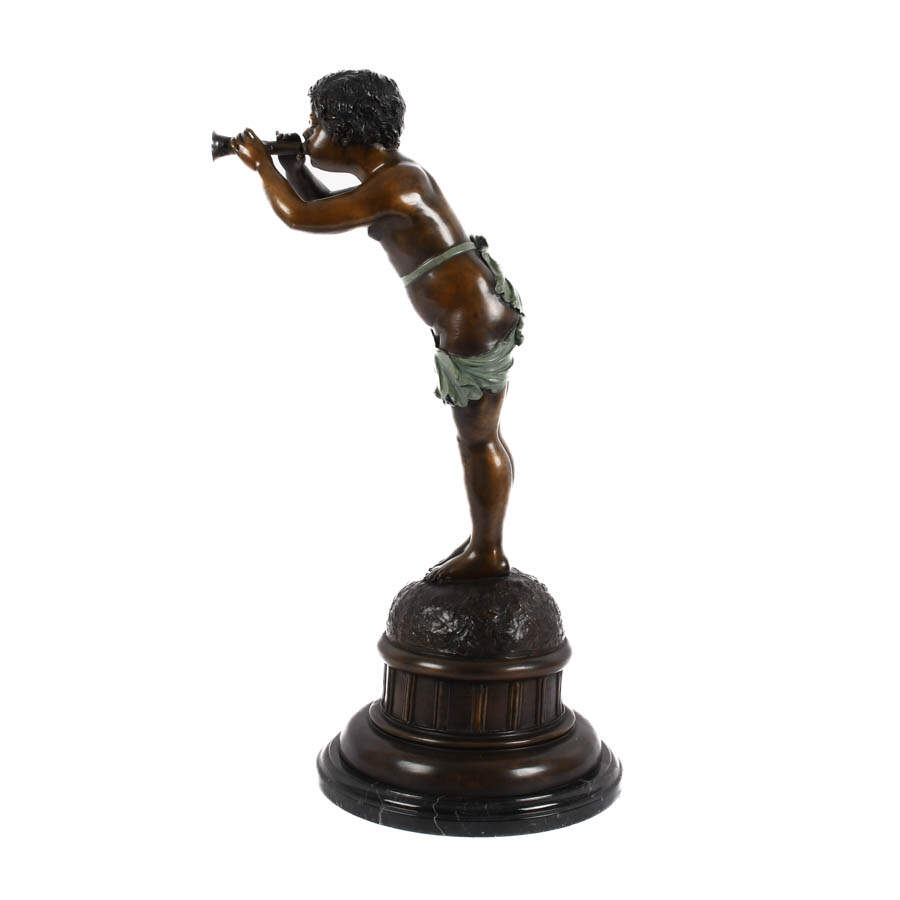 Bronze Boy Figure on Marble Base Blowing a Bugle-5