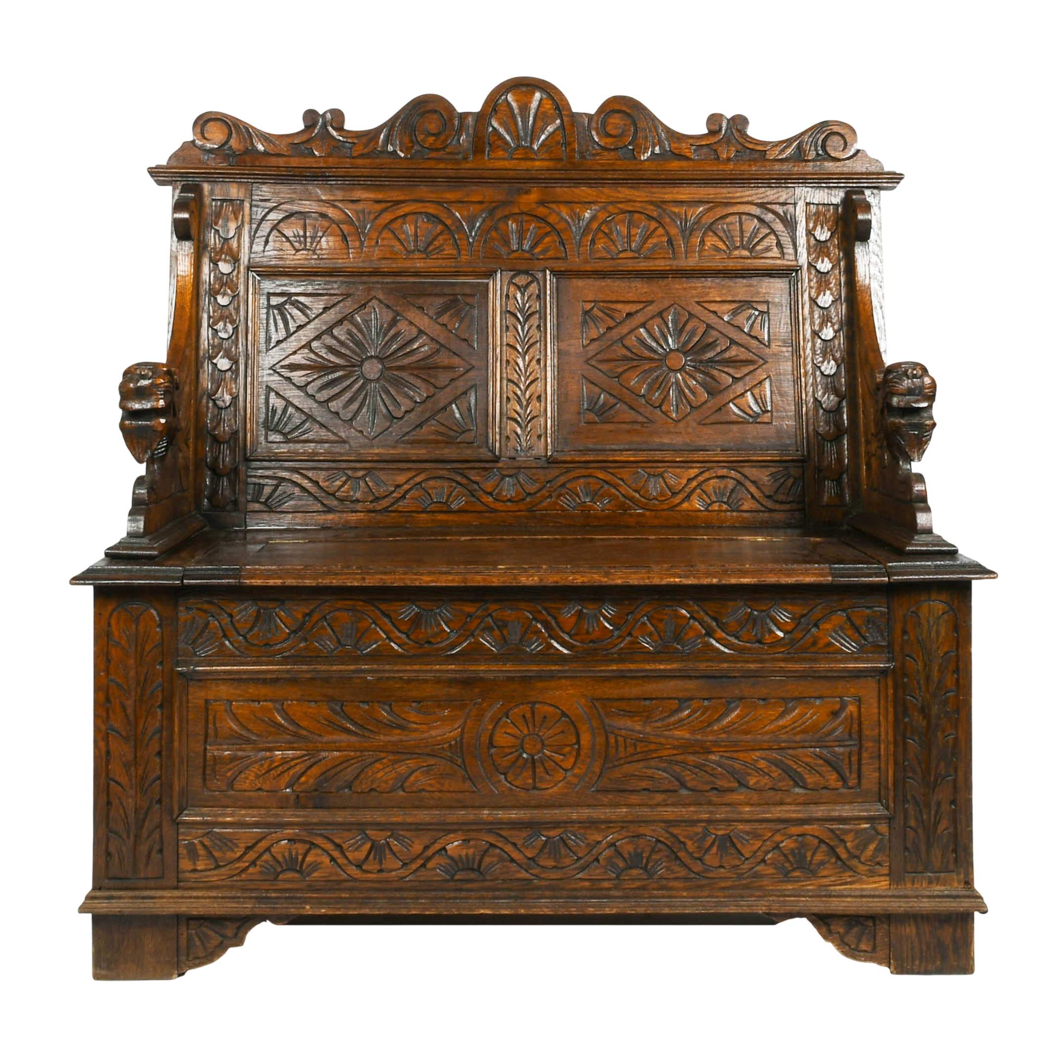 Antique English Settee Storage Bench in the Renaissance Revival-Style-1