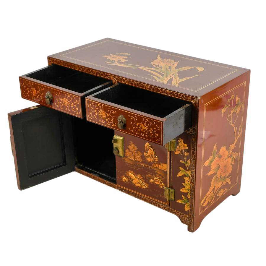 Chinese Red Lacquer Cabinet with Hand-Painted Landscape Scenes-5
