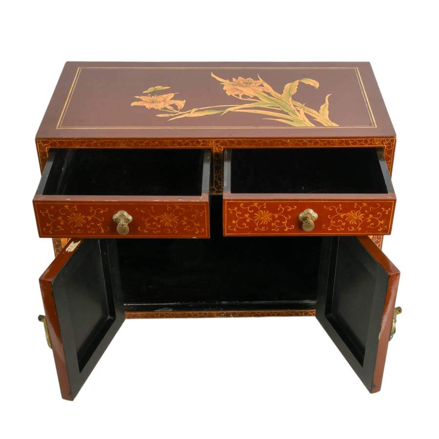 Chinese Red Lacquer Cabinet with Hand-Painted Landscape Scenes-4