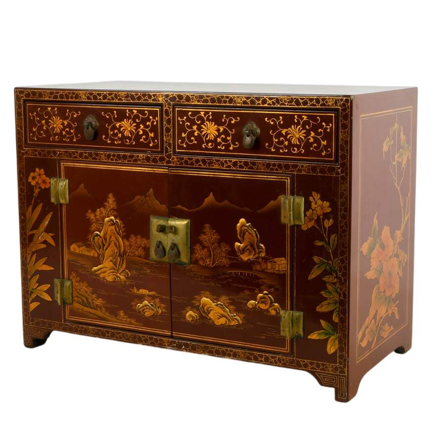 Chinese Red Lacquer Cabinet with Hand-Painted Landscape Scenes-2