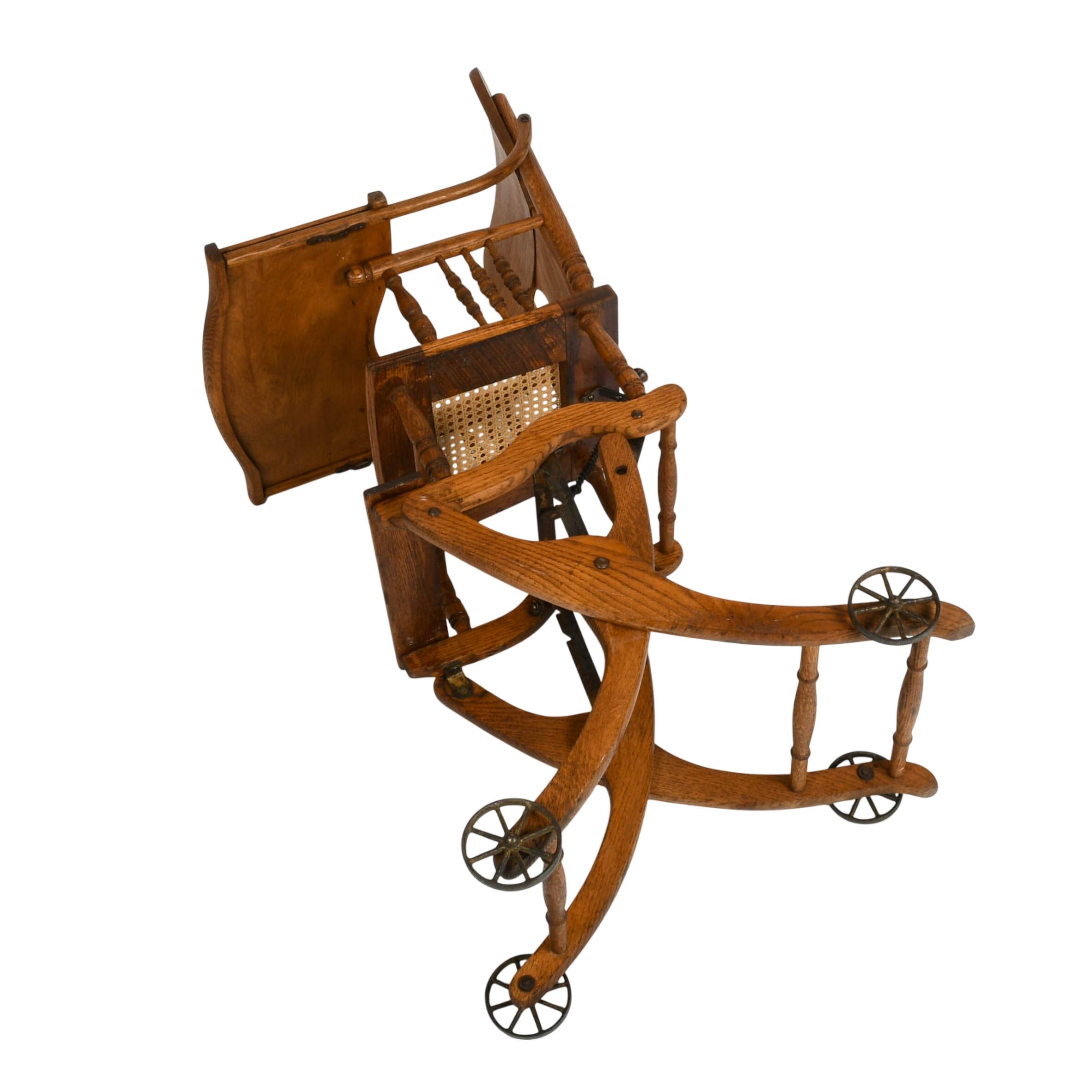 Antique Victorian Oak Pressed Back Convertible Highchair Stroller-9
