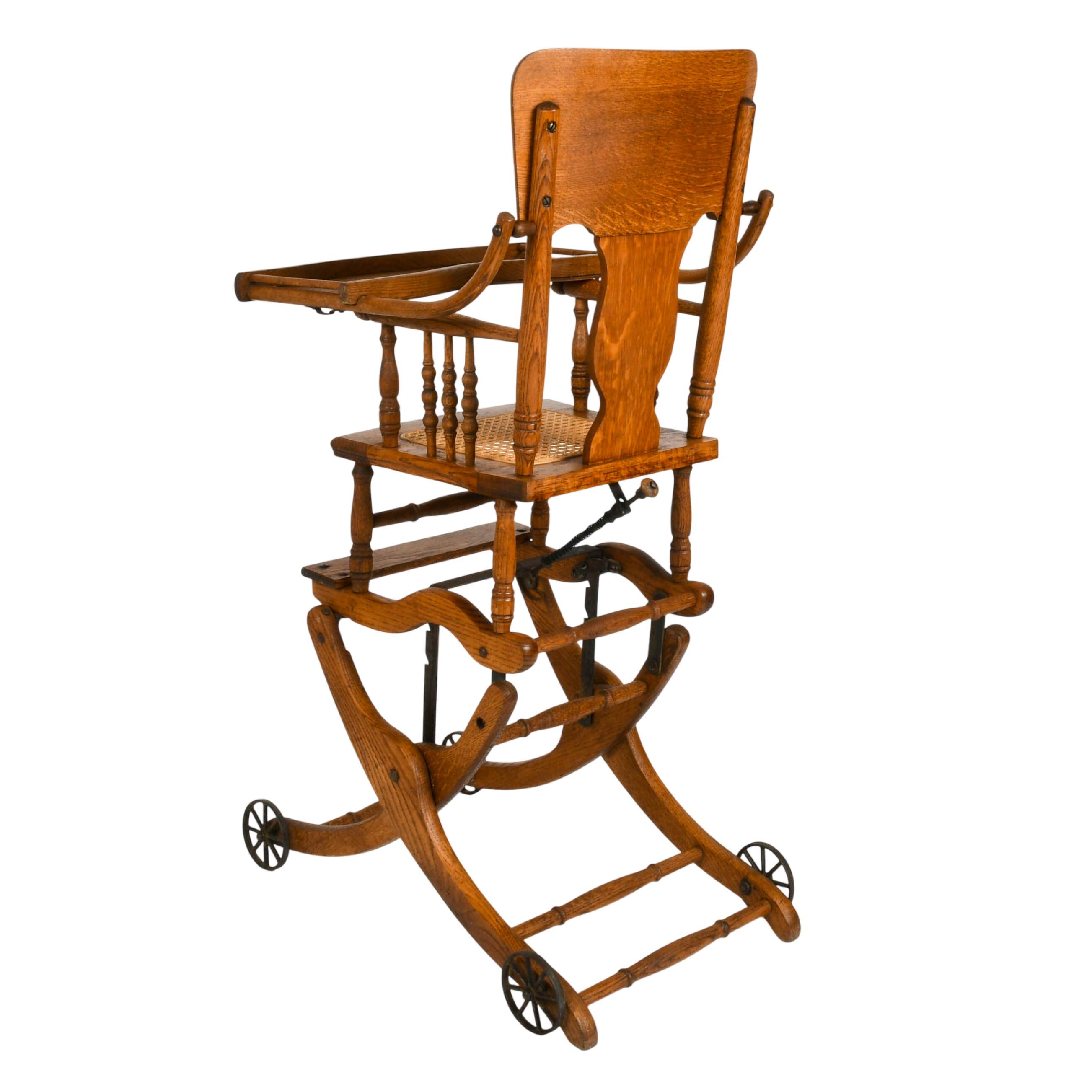 Antique Victorian Oak Pressed Back Convertible Highchair Stroller-5