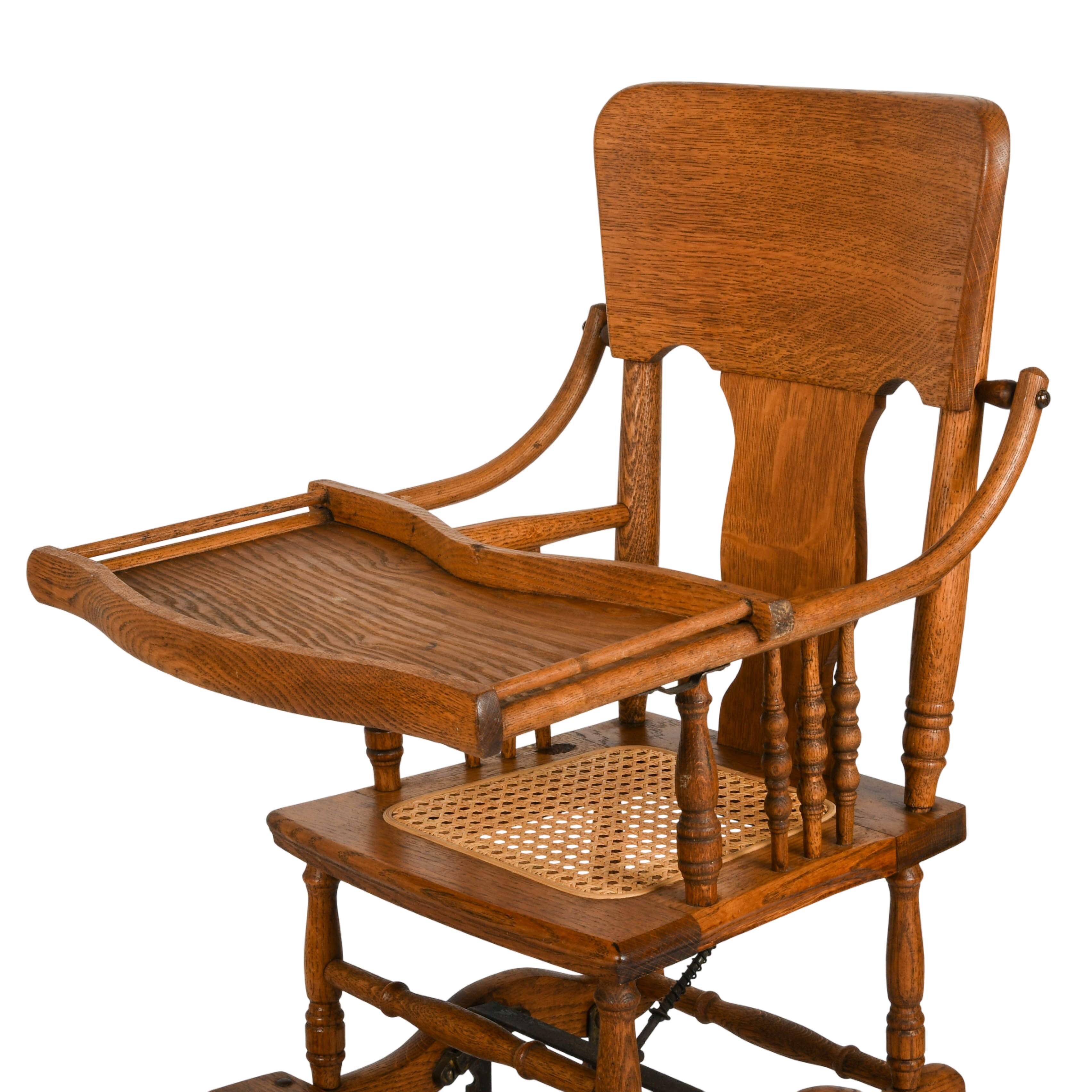 Antique Victorian Oak Pressed Back Convertible Highchair Stroller-3