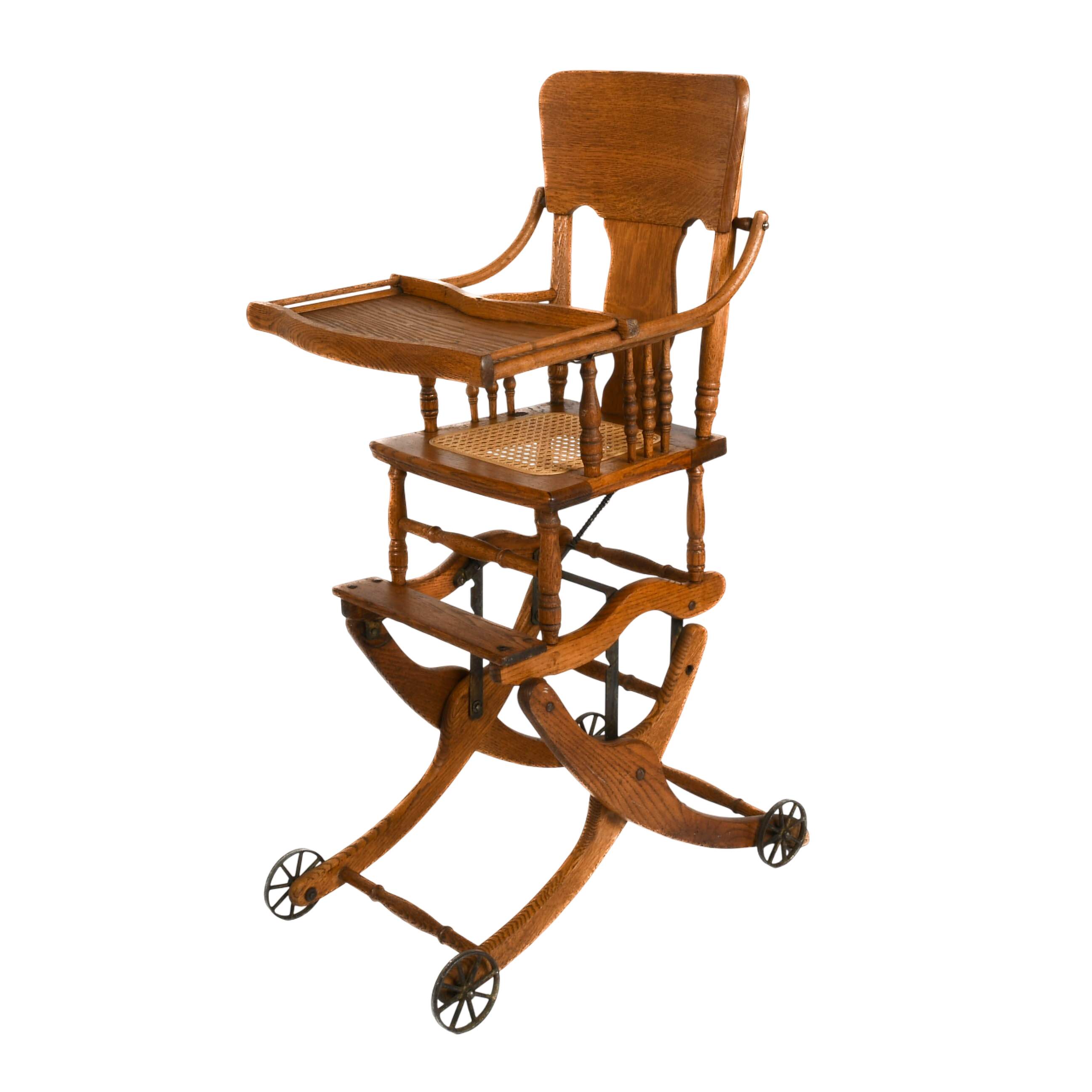 Antique Victorian Oak Pressed Back Convertible Highchair Stroller-2