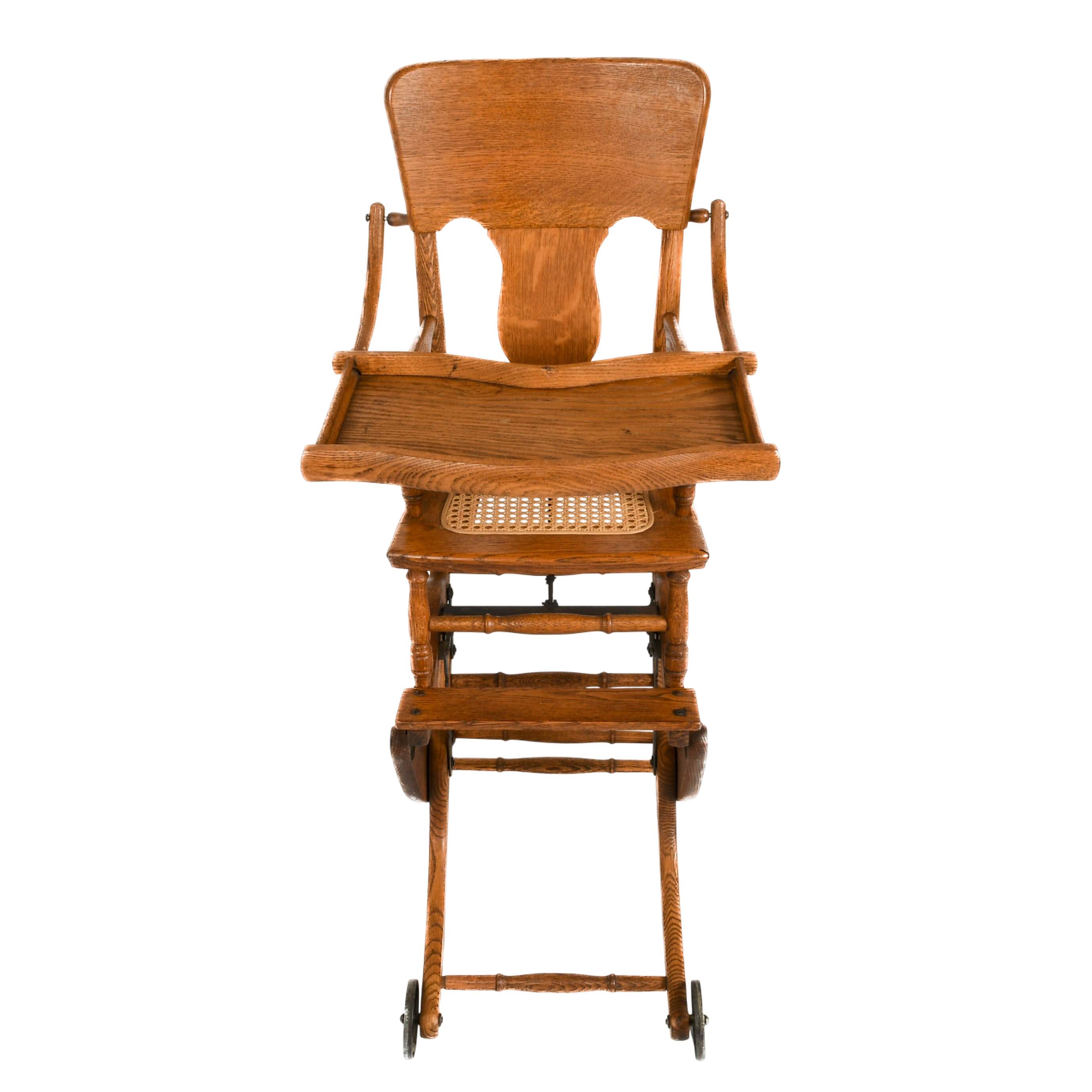Antique Victorian Oak Pressed Back Convertible Highchair Stroller-1