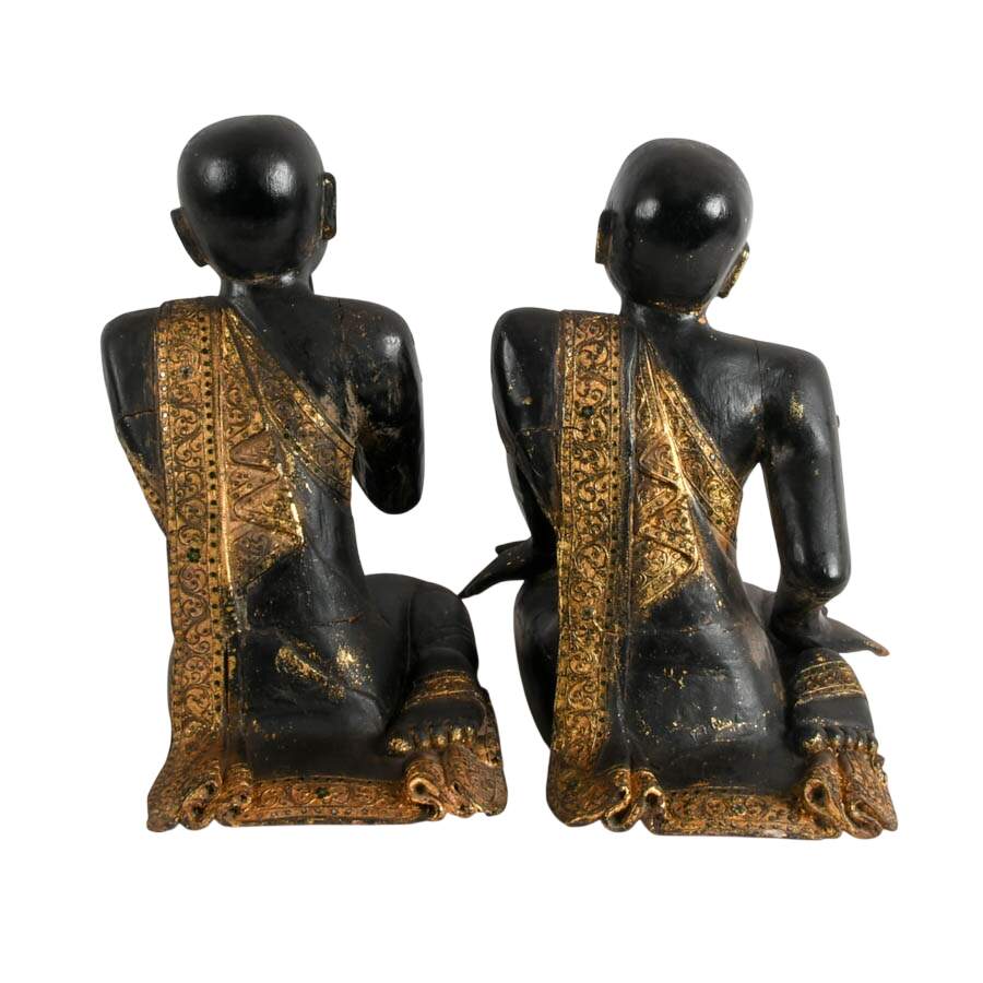Antique Pair of Carved Wood Burmese Monk Statues-4