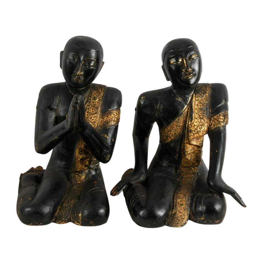 Antique Pair of Carved Wood Burmese Monk Statues-1