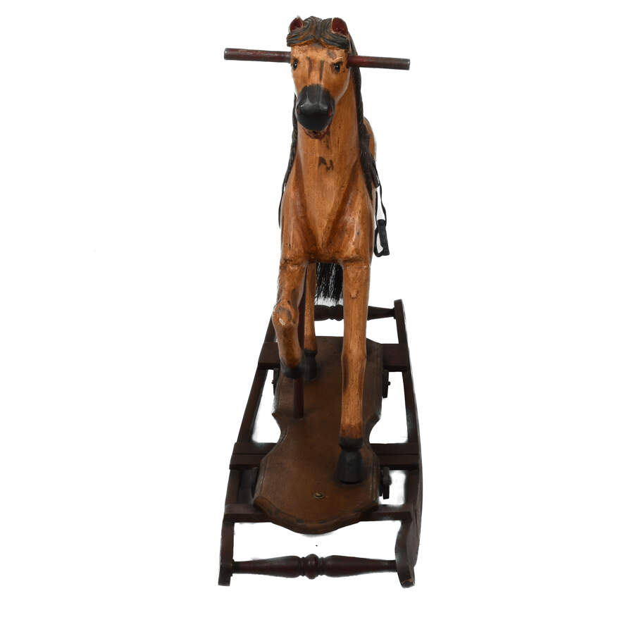 Carved Folk Art-Style Wooden Rocking Horse-3